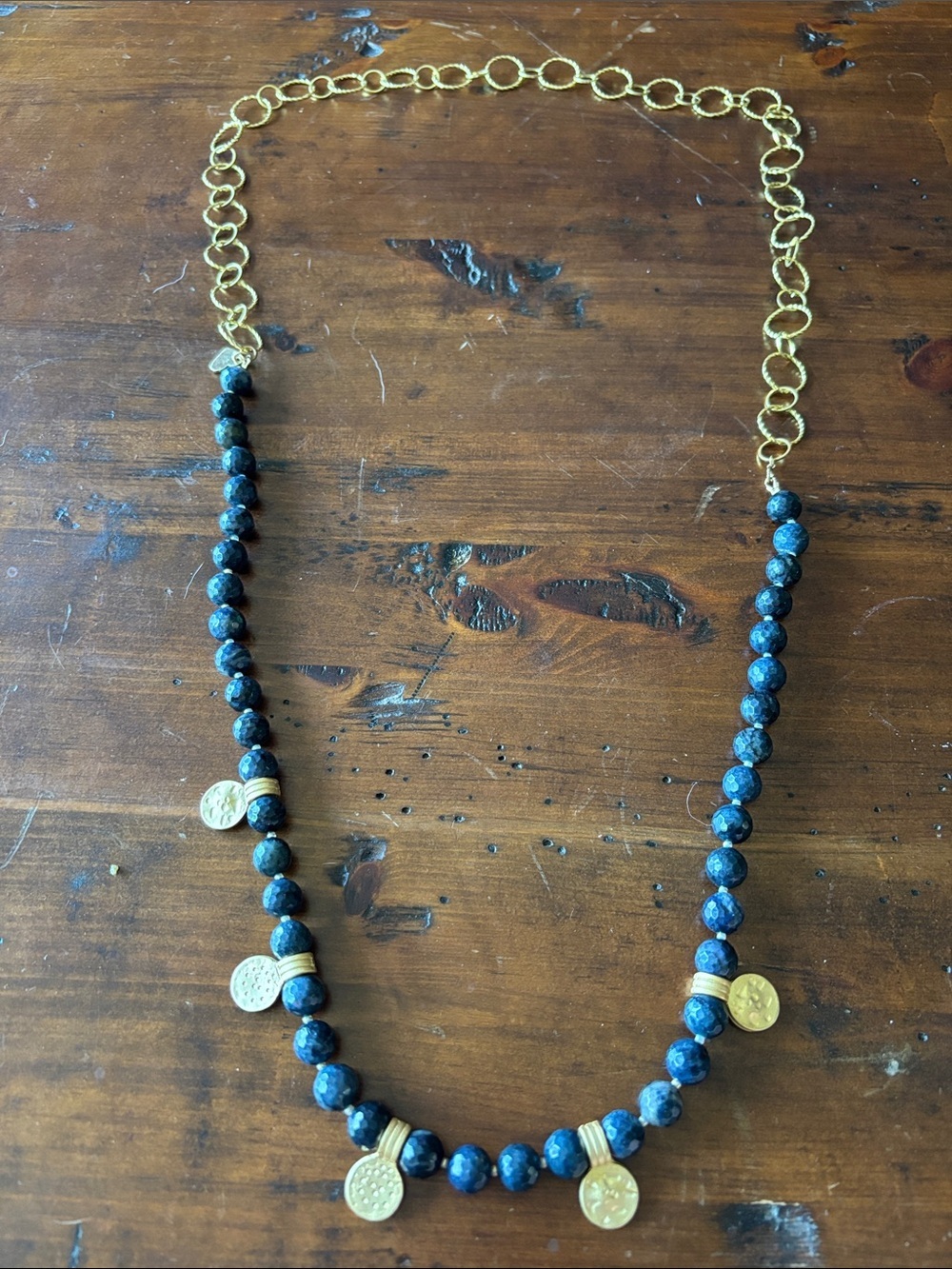 Love's Affect Gold Coin Accent Navy Bead Pendant Necklace